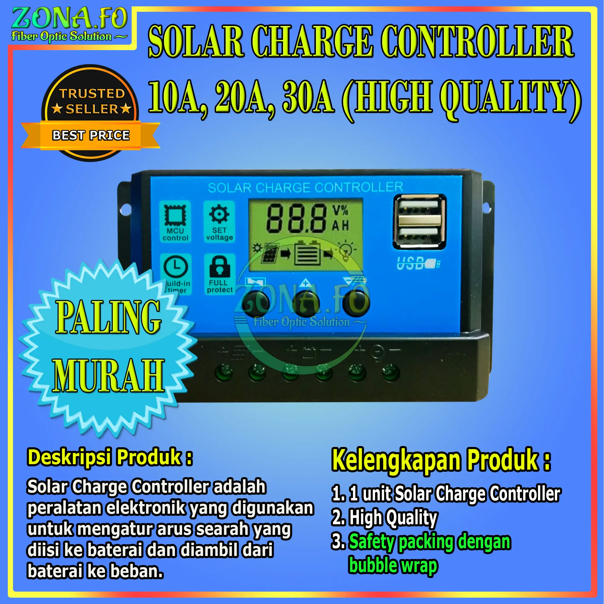 Solar Charge Controller 10A 20A 30A SCC Panel Cell PWM Daya Surya 12V