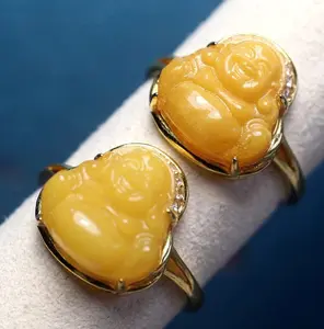 Cincin Bahan Silver S925 dengan Amber Stone berbentuk Buddha Maitreya