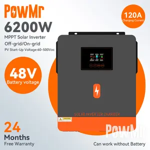 PowMr 6.2kw On-Grid/Off-Grid Hybrid Inverter 48Vdc 230VAC PV Panel Input 500vdc Inverter Surya Gelombang Sinus Murni Dibangun di 120A MPPT Solar Controller Fungsi perbaikan sekali klik