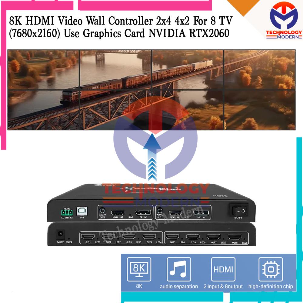 8K HDMI Video Wall Controller 2x4 4x2 For 8 TV (7680x2160) with Audio