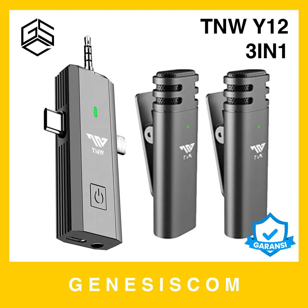 Mic Wireless Clip On TNW Y12 DUAL 3in1 Lavalier Lightning+Type C+3.5mm Audio Jack AUX 2pc Double - Mikrofon Microphone Klip Portable Live Tipe C 3,5mm iPhone Android Camera Kamera Speaker