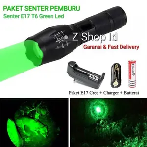 Paket Charger & Baterai & Senter Pemburu Led Cahaya Hijau