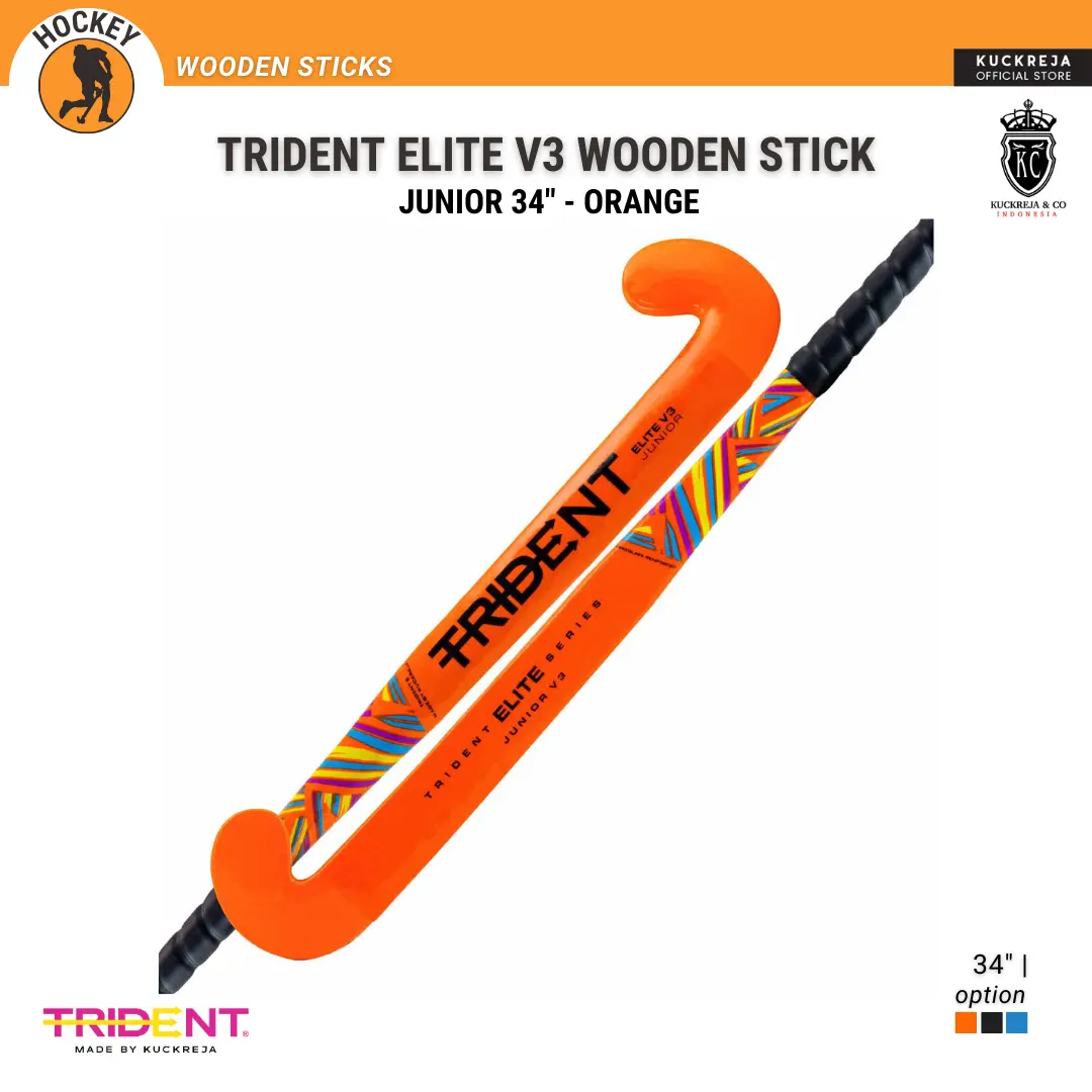 Trident Elite V3 Wooden Stick Junior 34" Orange - Stick Hockey Lapangan (Outdoor) Bahan Kayu Berkualitas Tinggi untuk Pemain Junior 130-150cm