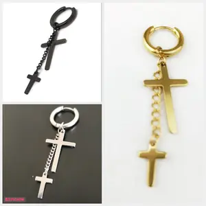 ANT44 Anting gantung 2 salib perak silver hitam pria wanita korean