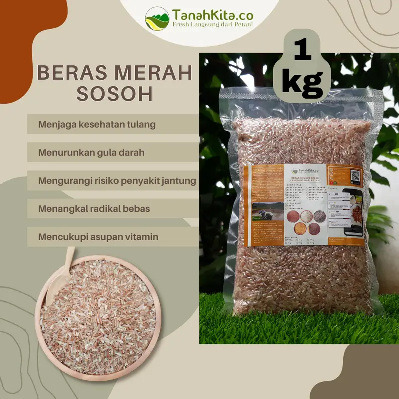 Beras Merah Pulen Empuk, FRESH langsung dari Sawah Petani (1kg vacuum) 1