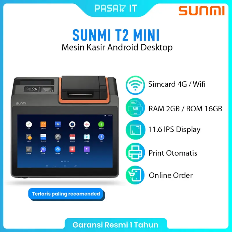 Mesin Kasir Android Desktop SUNMI T2 Mini 4G + WIFI Thermal Printer 0