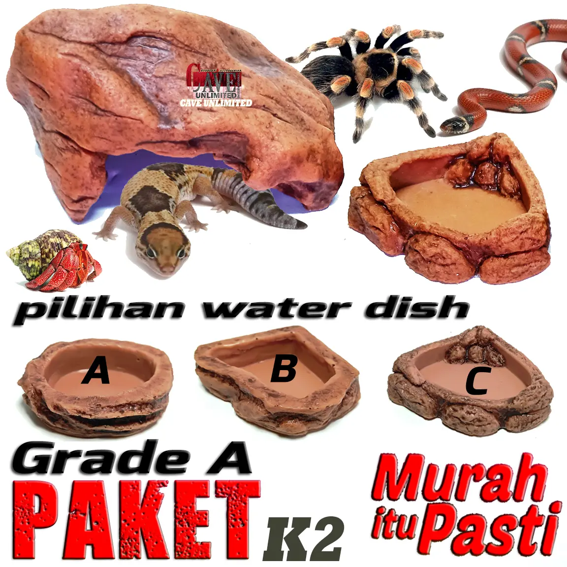 PAKET K2 GRADE A HIDING CAVE+WATERDISH PERLENGKAPAN REPTILE INSECTA