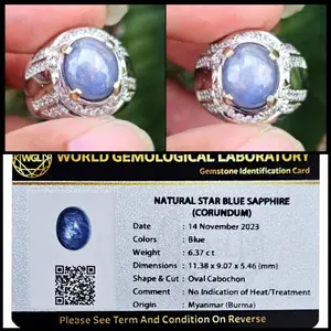 Permata Batu Natural Cincin Blue Sapphire Star + Gem ID Card