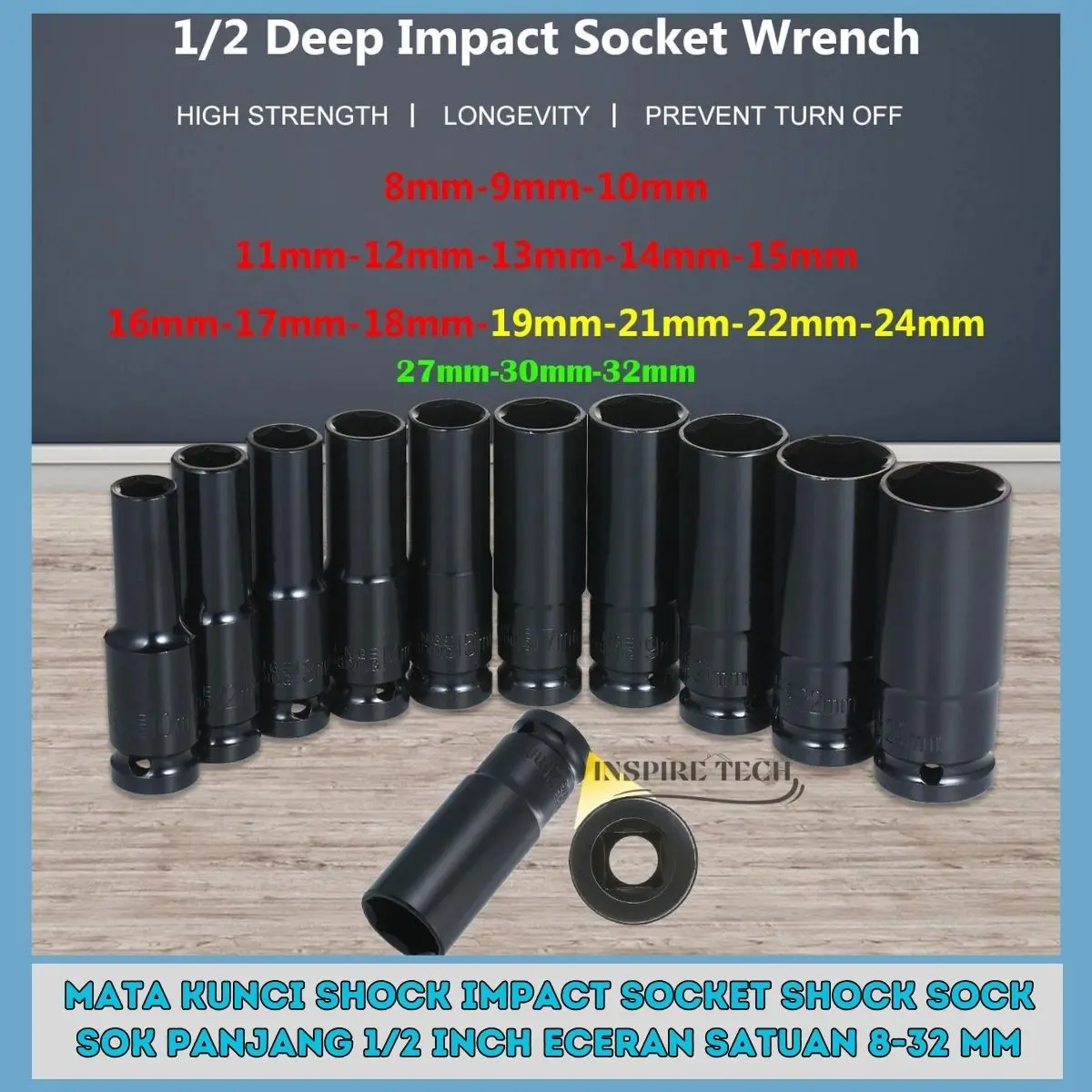 Mata Kunci Shock Impact Socket Shock Sock Sok Panjang 1/2 Inch 8-32 mm