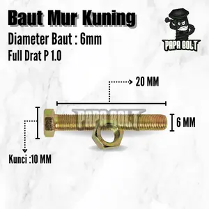 Baut Mur Hexagon Kuning BMK Hex M6x20 / 6x20 6mm Kunci 10