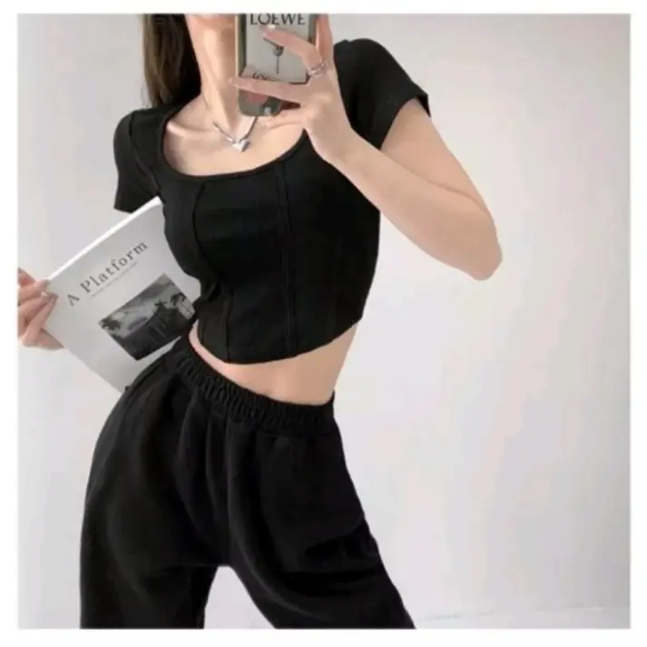 Kaos Crop Top Korea Seksi - Crop Top Lengan Pendek