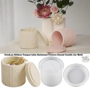 Cetakan Silikon Tempat Lilin Embossed Pattern Round Candle Jar Mold