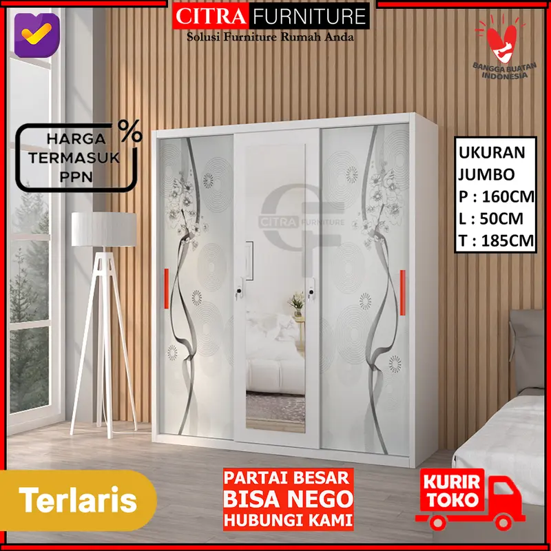 Lemari Baju Pakaian Besi 3 Pintu Jumbo Sliding Minimalis 2