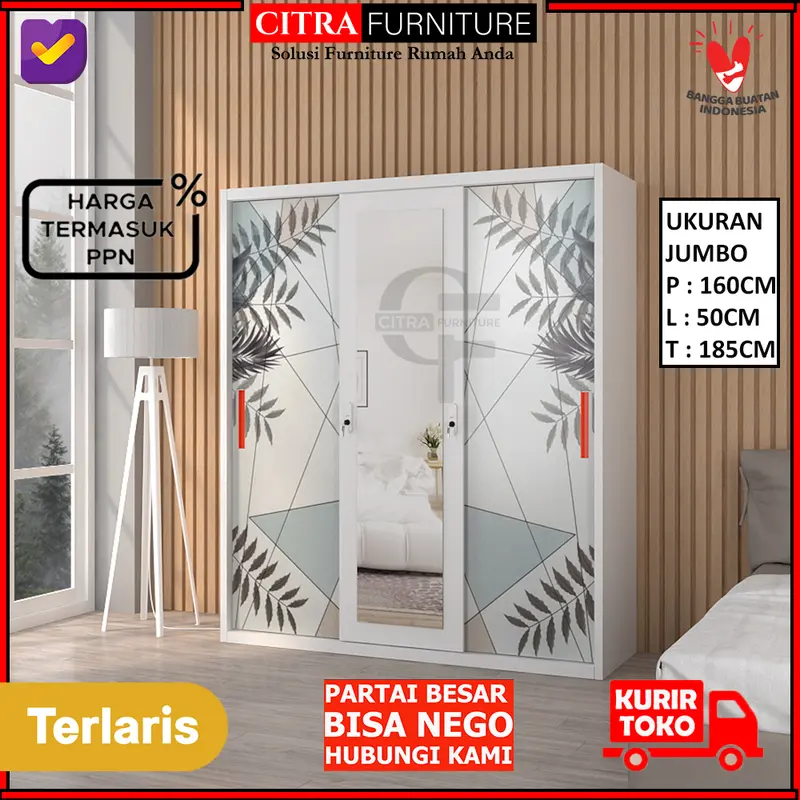 Lemari Baju Pakaian Besi 3 Pintu Jumbo Sliding Minimalis 3