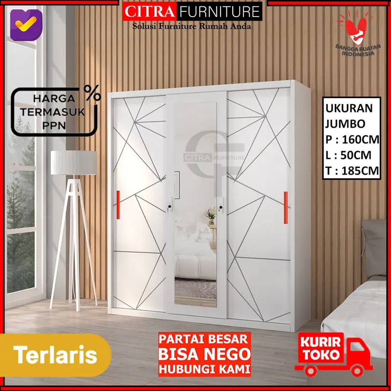 Lemari Baju Pakaian Besi 3 Pintu Jumbo Sliding Minimalis 0