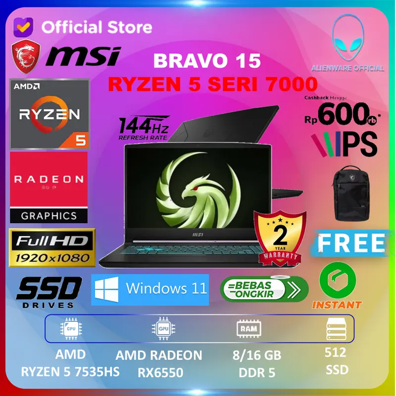 MSI Bravo 15 Ryzen 5 7535HS AMD RX6550 4GB/ 8GB 512GB W11+OHS 144HZ 0