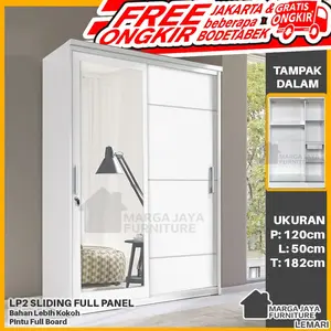 Lemari Pakaian Baju 2 Pintu Sliding putih + kaca cermin minimalis