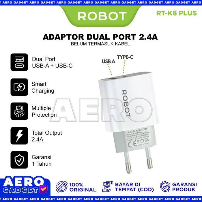 Gambar ROBOT Adaptor Charger Dual USB-A USB-C RT-K8 Plus Quick Charging 12W dari DEFCON Official Kota Administrasi Jakarta Utara Tokopedia