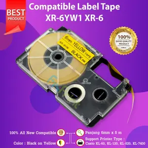 Casio Label Tape XR-6YW1 XR-6 6mm Black On Yellow Printer KL60 KL-60