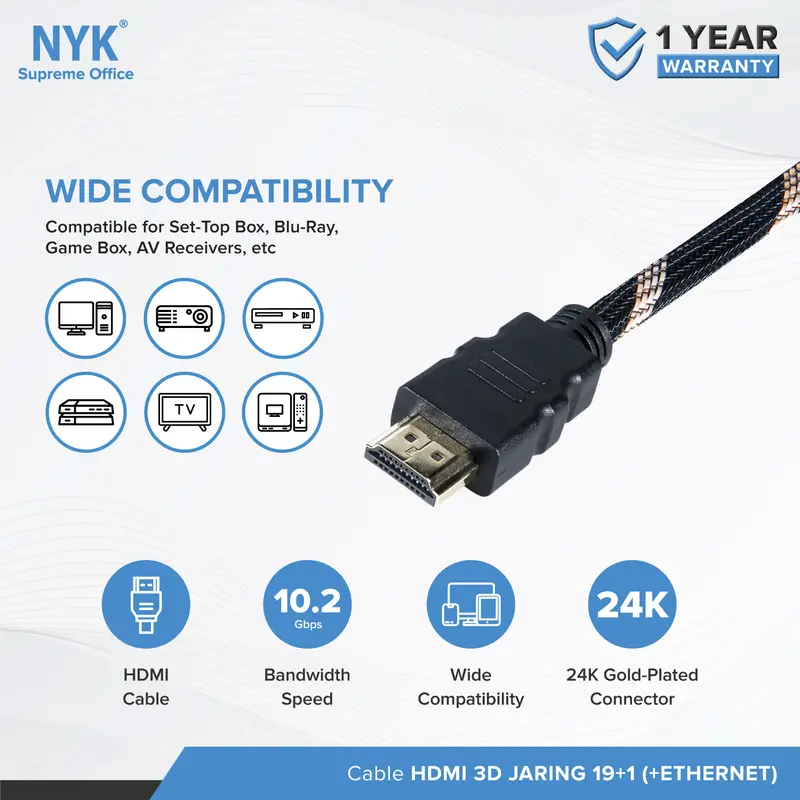 Cable NYK Kabel HDMI 3D 19+1 Ethernet 10 Meter 1