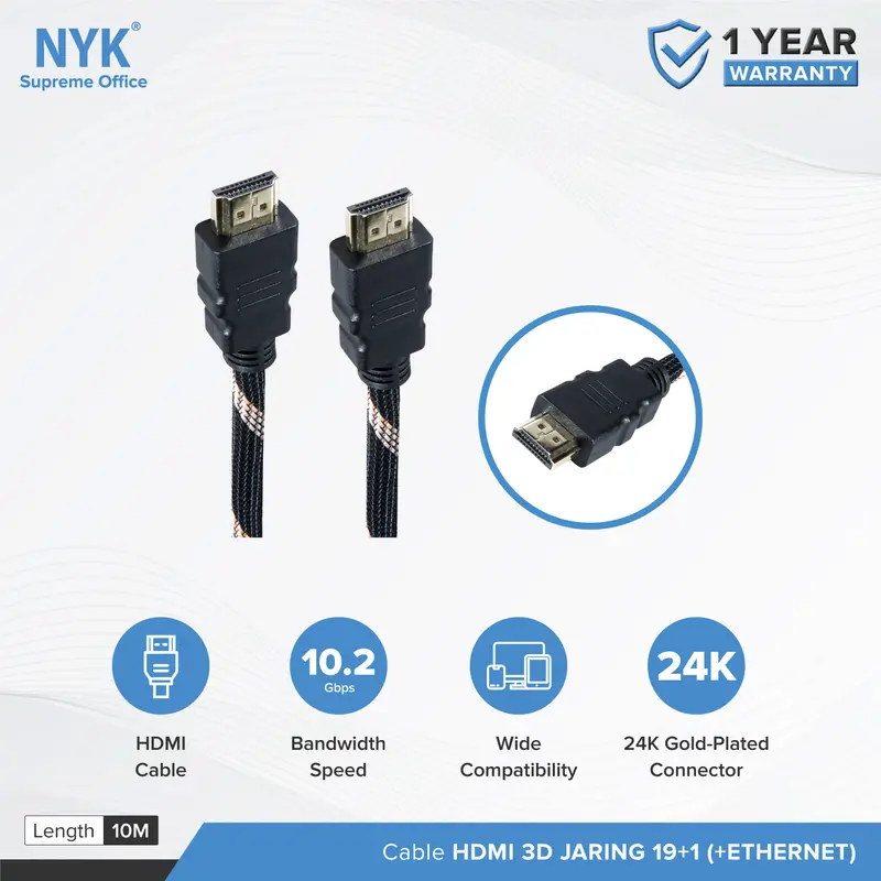 Cable NYK Kabel HDMI 3D 19+1 Ethernet 10 Meter 0