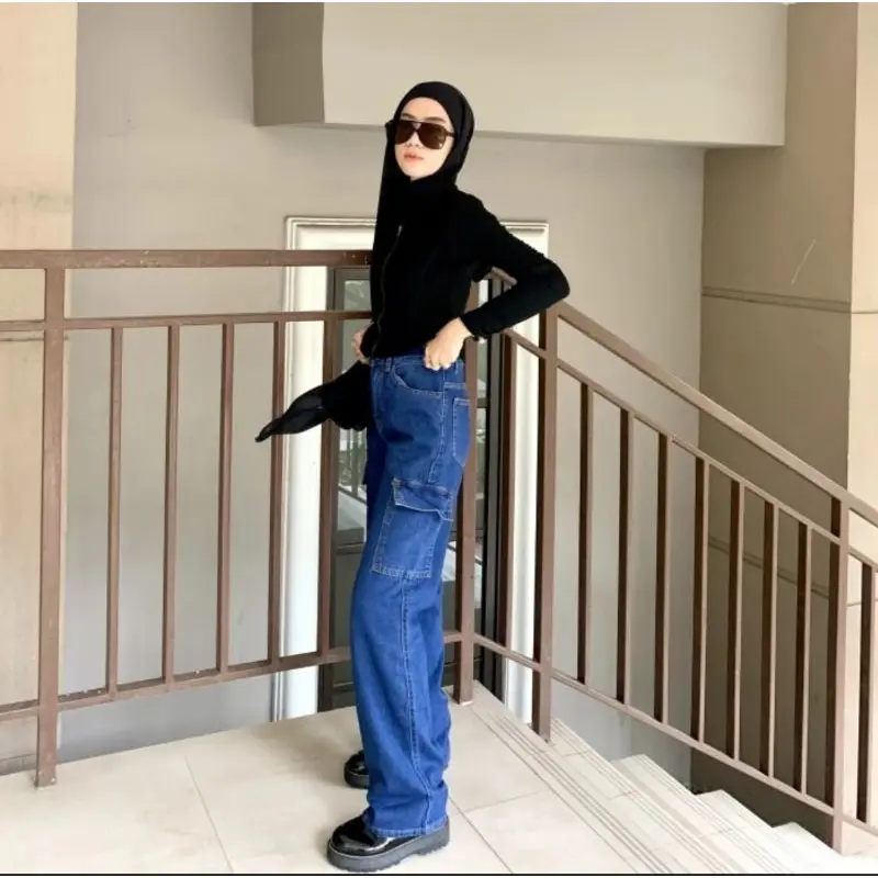 Celana Kulot Cargo Wanita First.day Jeans Highwaist Premium Denim Loose Denim Loose