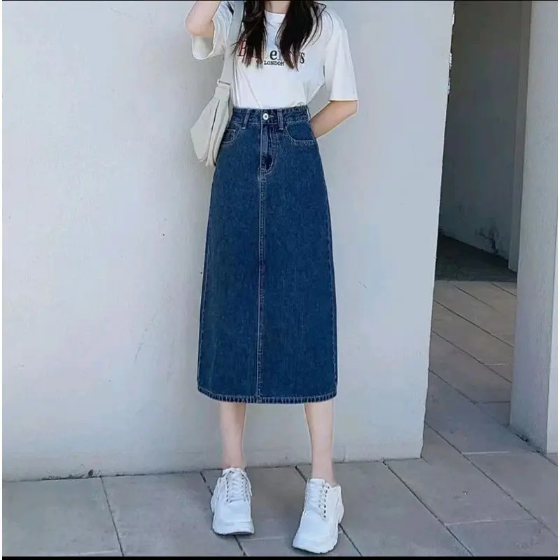 Highwaist Rok Denim Wanita First.day Jeans Panjang 7/8 Model A-Line Basic 0