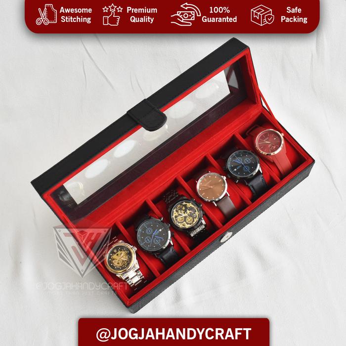 Gambar Black Inner Red WATCH BOX ORGANIZER ISI 6  (Kotak Jam Tangan Untuk 6 pcs) dari Jogja Handycraft_NEW Kab. Bantul Tokopedia