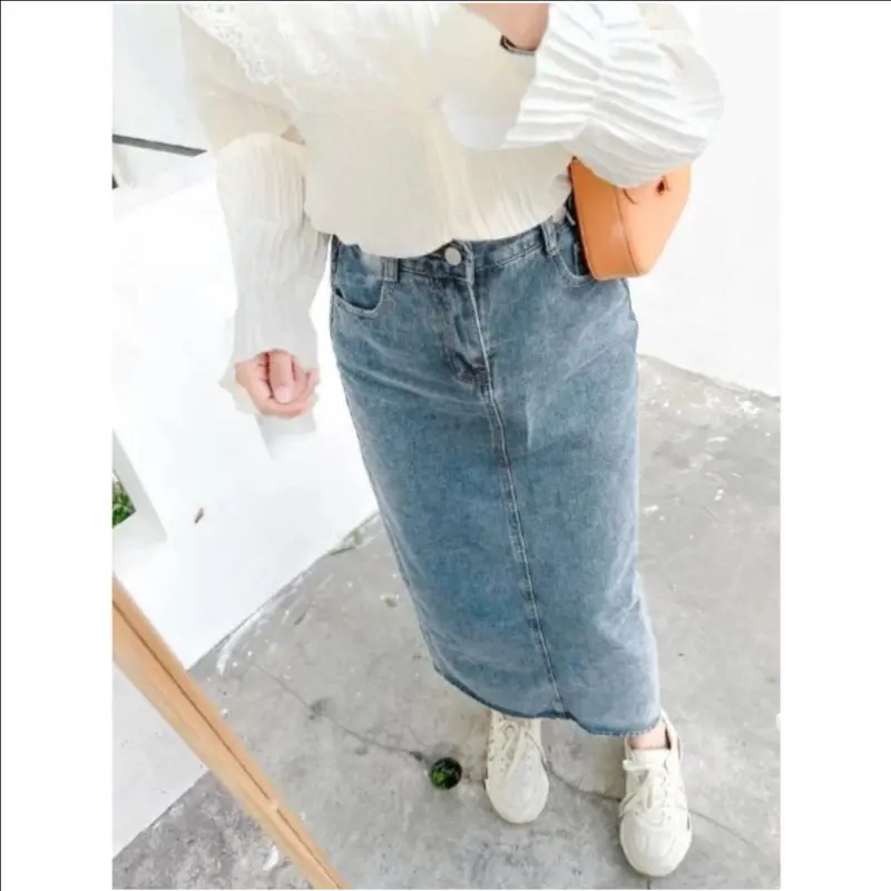 Highwaist Rok Denim Wanita First.day Jeans Panjang 7/8 Model A-Line Basic 2