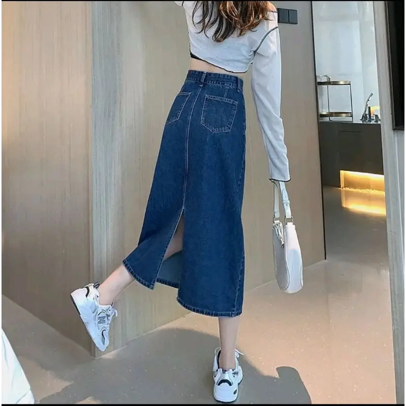 Highwaist Rok Denim Wanita First.day Jeans Panjang 7/8 Model A-Line Basic 3