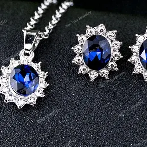 Kalung Set Batu Blue Saphire ( Anting Kalung Batu Permata Biru Impor )