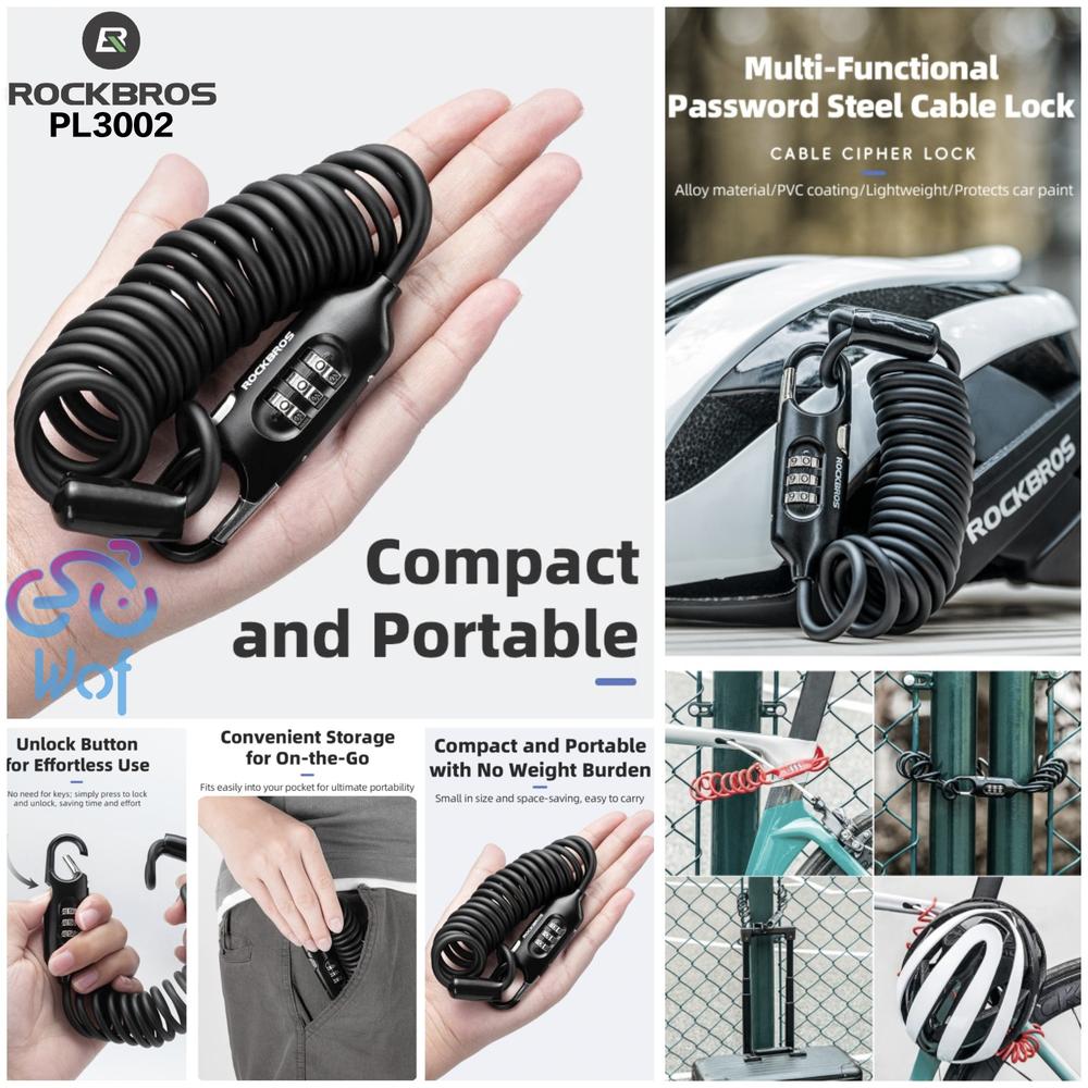 ROCKBROS PL3002 Gembok Sepeda 3 digits Bicycle Steel Cable Lock Helm - Black