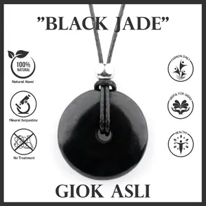 LIONTIN KOIN BATU GIOK HITAM BLACK JADE ASLI NATURAL PLUS KALUNG