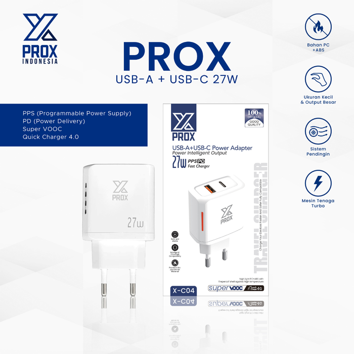Gambar PROX Adapter Charger PPS PD Super Vooc QC 4.0 USB-A + USB-C 27W X-C04 dari Prox Indonesia Kota Administrasi Jakarta Barat Tokopedia