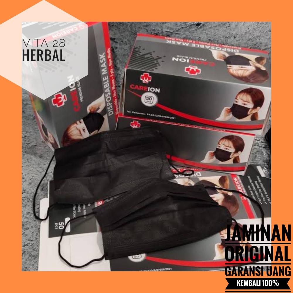 MASKER MEDIS BEDAH KARET EARLOOP CAREION 3 PLY ISI 50 PCS WARNA HITAM - Putih