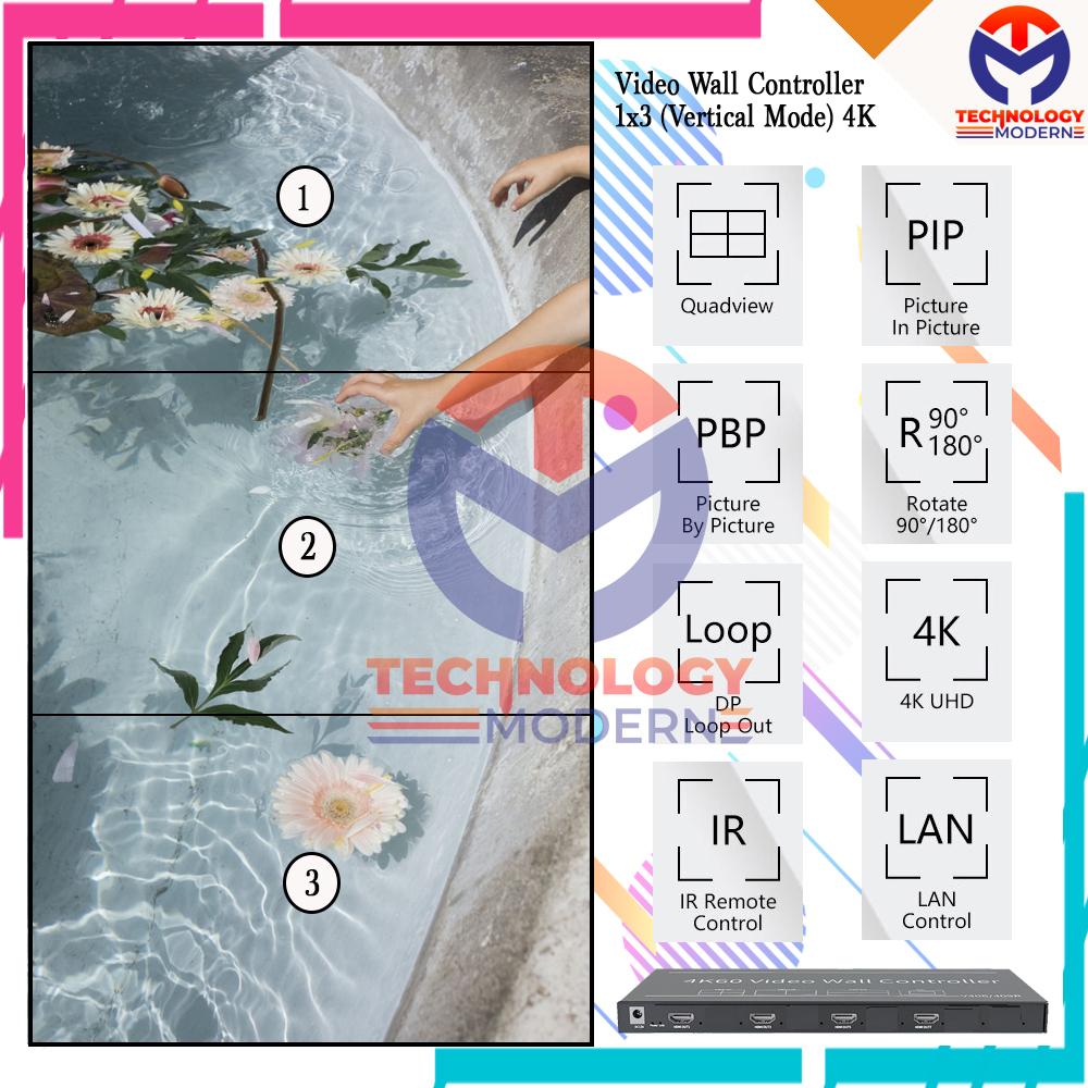 4K HDMI Video Wall Controller 3x1 (Vertical Mode) Untuk 3 TV Ke Bawah