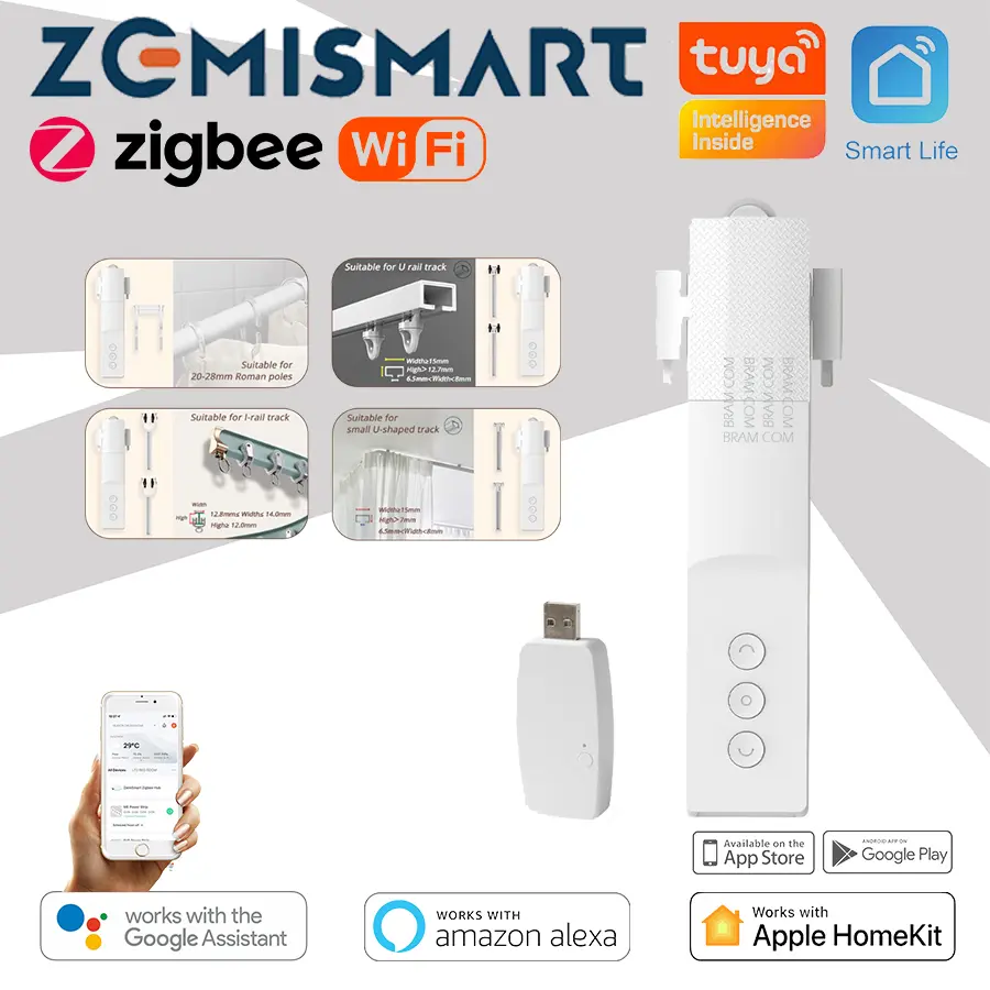 ZEMISMART Curtain Robot for Roman Pole, I and U rail + Remote