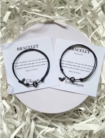 GELANG COUPLE INISIAL HURUF BULAT TALI ANTI AIR INITIAL BRACELET HITAM