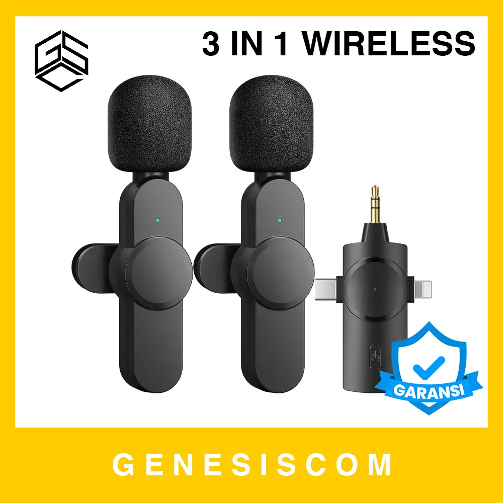 Mic Wireless Clip On 3 in 1 AP031 - Lightning + Type C + 3.5mm Audio Jack AUX Mikrofon Mik Klip Live Tipe C iPhone Android DUAL MICROPHONE