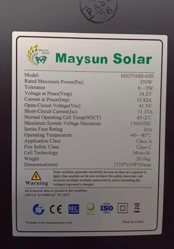 Maysun solar panel surya black mono 370wp 2