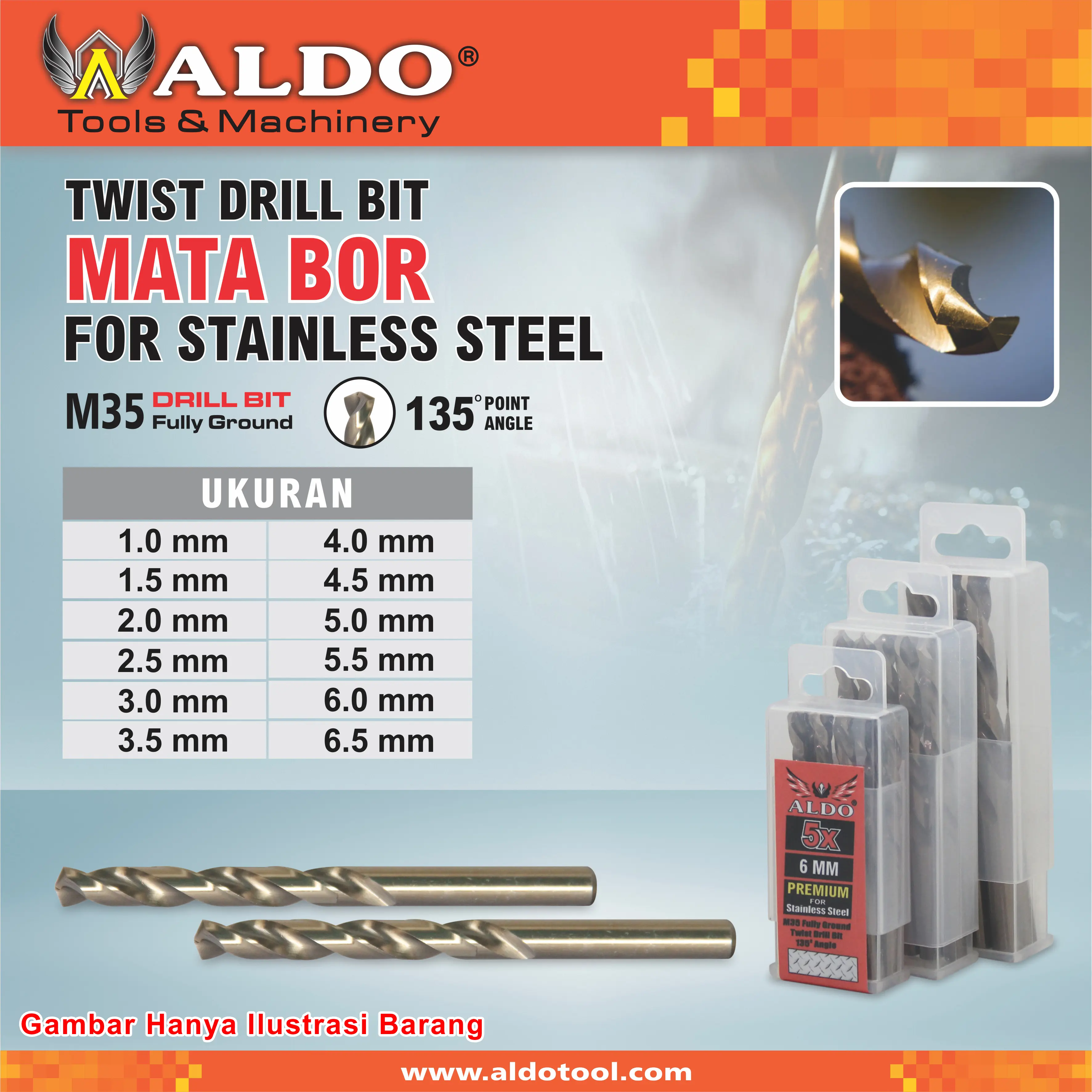 Mata Bor Stainless Size 1.00 - 6.50 mm Merk Aldo