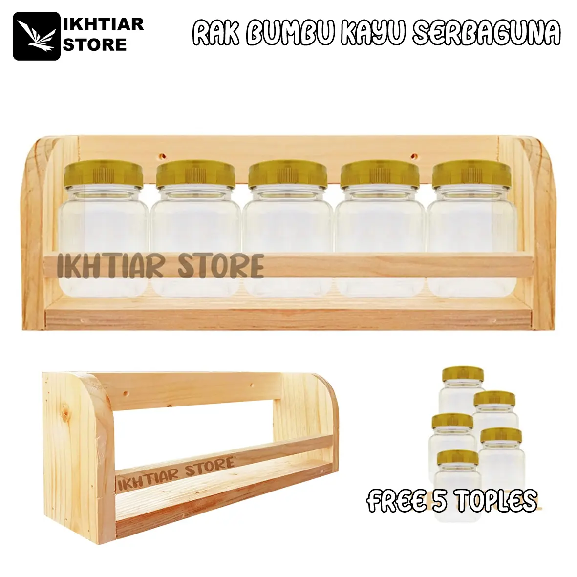 1 SET RAK TEMPAT BUMBU DARI KAYU PLUS 5 TOPLES CANTIK UKURAN 200ML