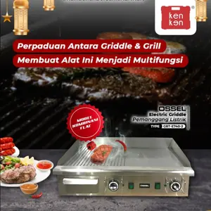 OSSEL Eletric Griddle Pemanggang Steak Listrik GRT-E740-2 1800W Stainless Steel & Cast Iron Plate Multifungsi untuk Steak Tepanyaki Sate Ikan Daging