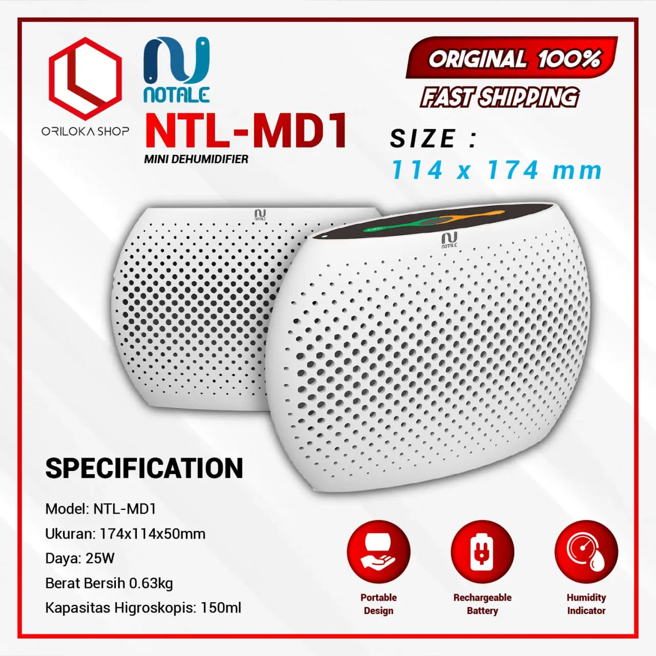 Notale NTL-MD1 Mini Dehumidifier Portable - Garansi Resmi