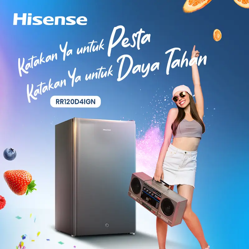 HISENSE-RR120D4IGN-Kulkas Kapasitas 91L-1 Pintu-Ramah Lingkungan-Ruang Pendinginan-Kaki Depan Dapat Disesuaikan-Compact Size-Seperate Chiller-2Liter Rak Muat Botol Ukuran 2