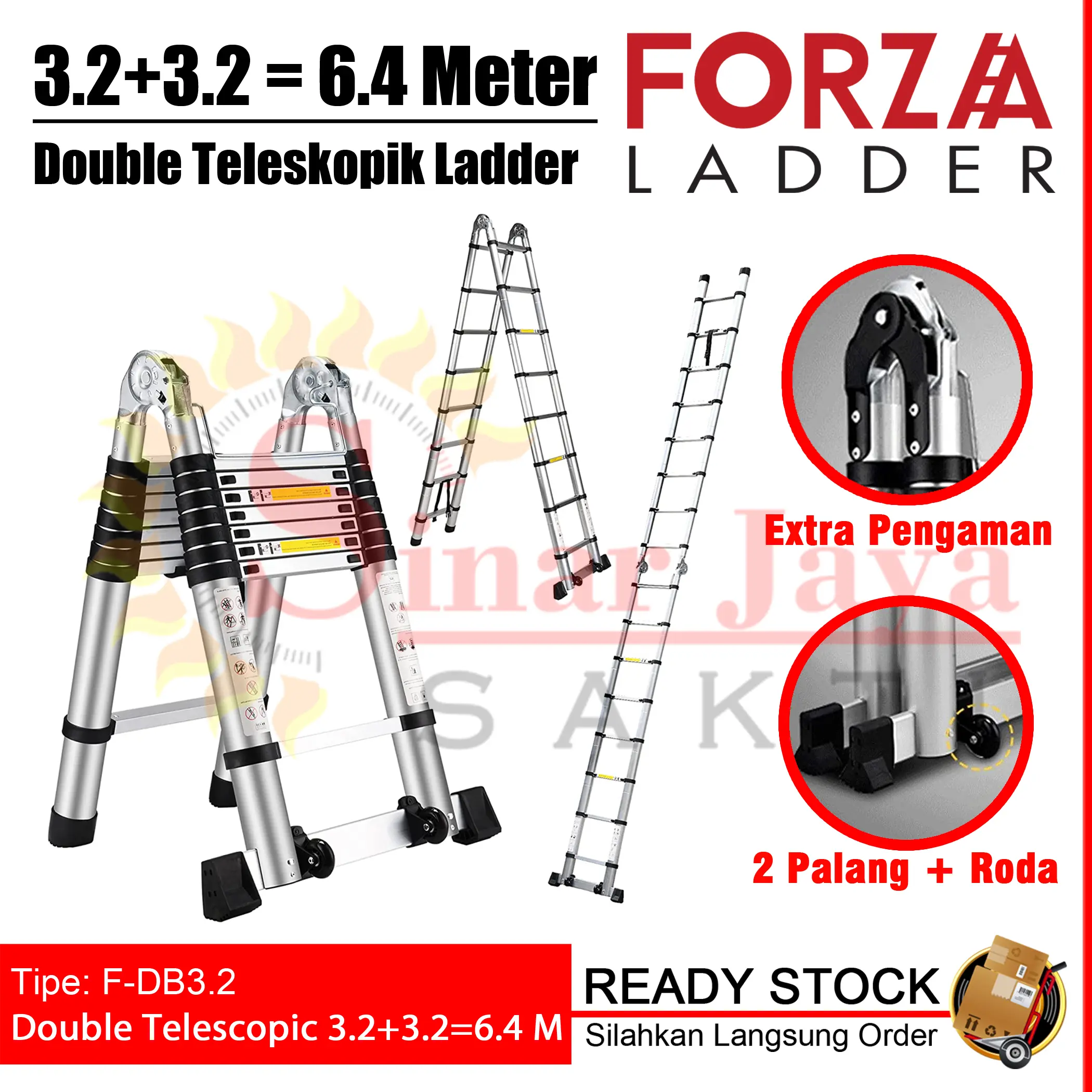 Tangga Lipat Teleskopik 3.2+3.2= 6.4 Meter Double Alumunium Telescopic