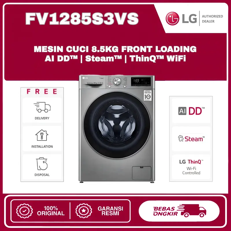 LG FV1285S3VS Mesin Cuci Front Load 8.5 Kg, AI DD Inverter Steam Wifi 0
