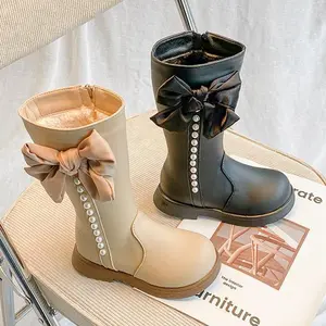 Sepatu Anak Perempuan Import High Boot Pearl Ribbon BLACK/NUDE