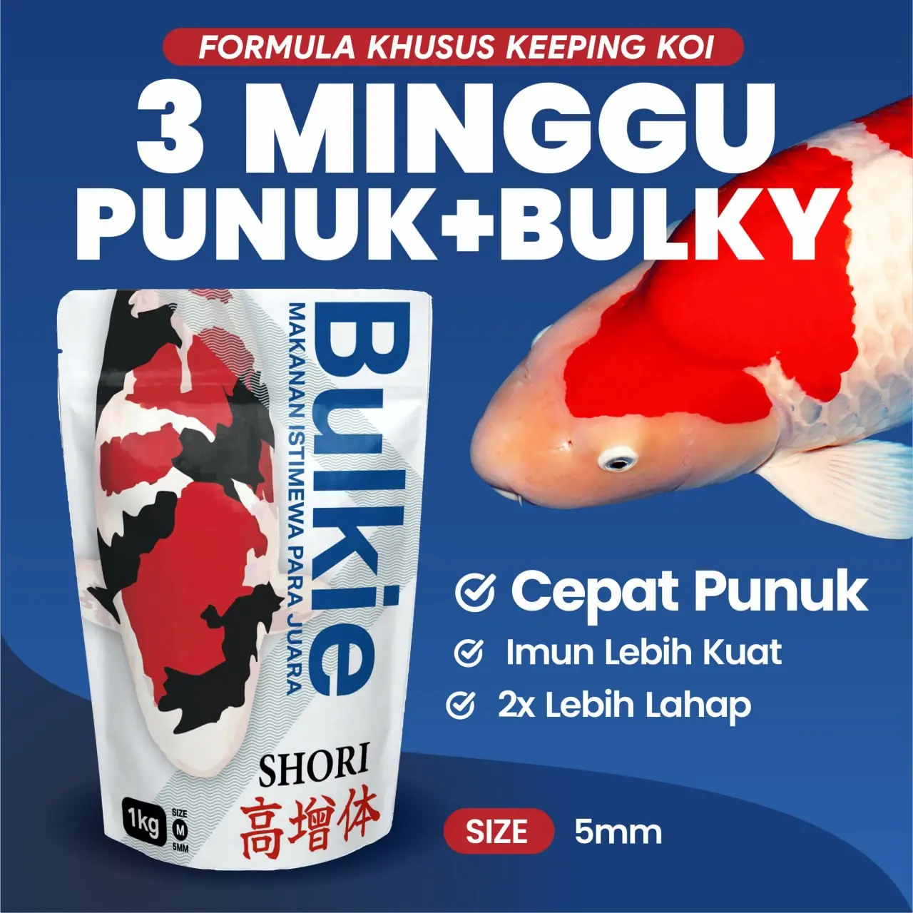 Pelet makanan pakan pembesaran punuk ikan koi Bulkie Shori 1kg 5mm
