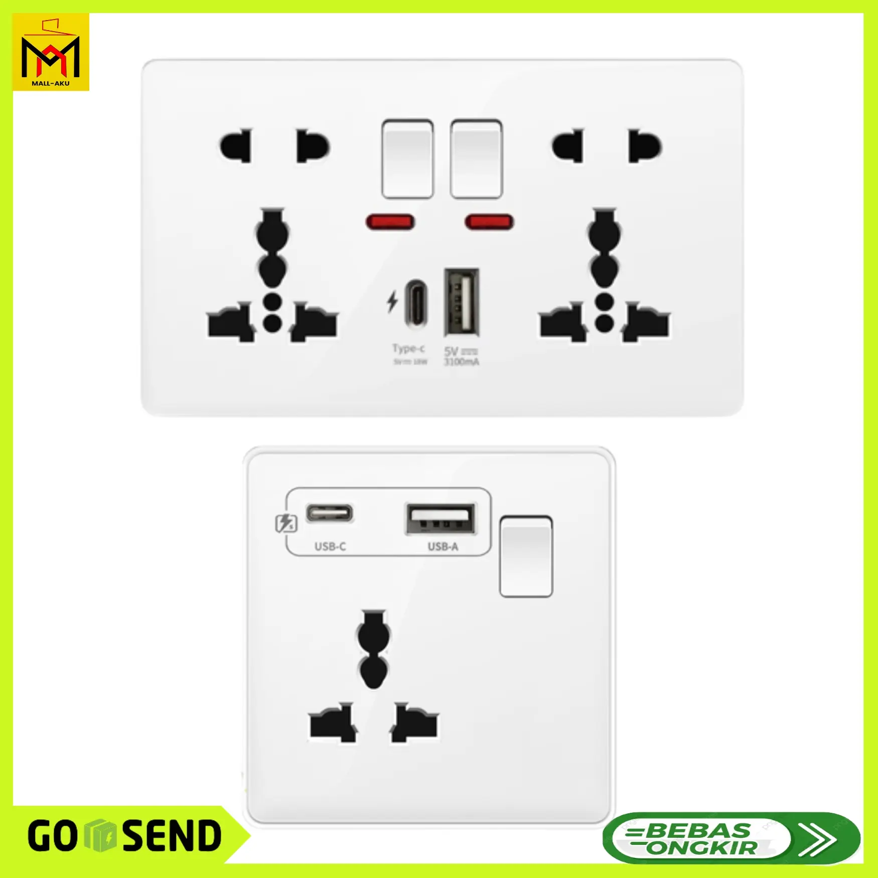 Stop Kontak Dinding Universal UK EU US 2 Port USB Type-C With Saklar